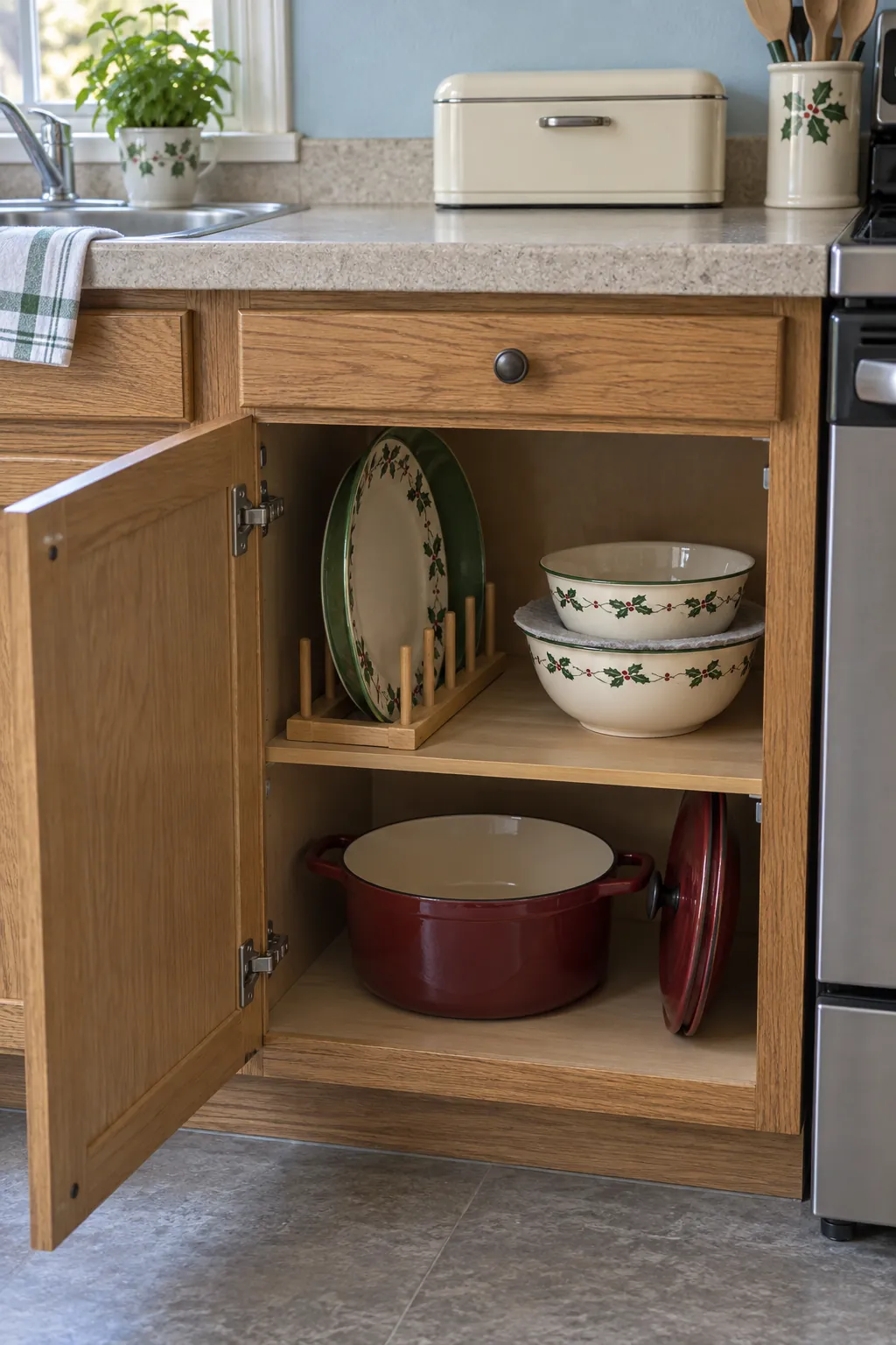 Christmas serving dishes organized in a compact kitchen cabinet