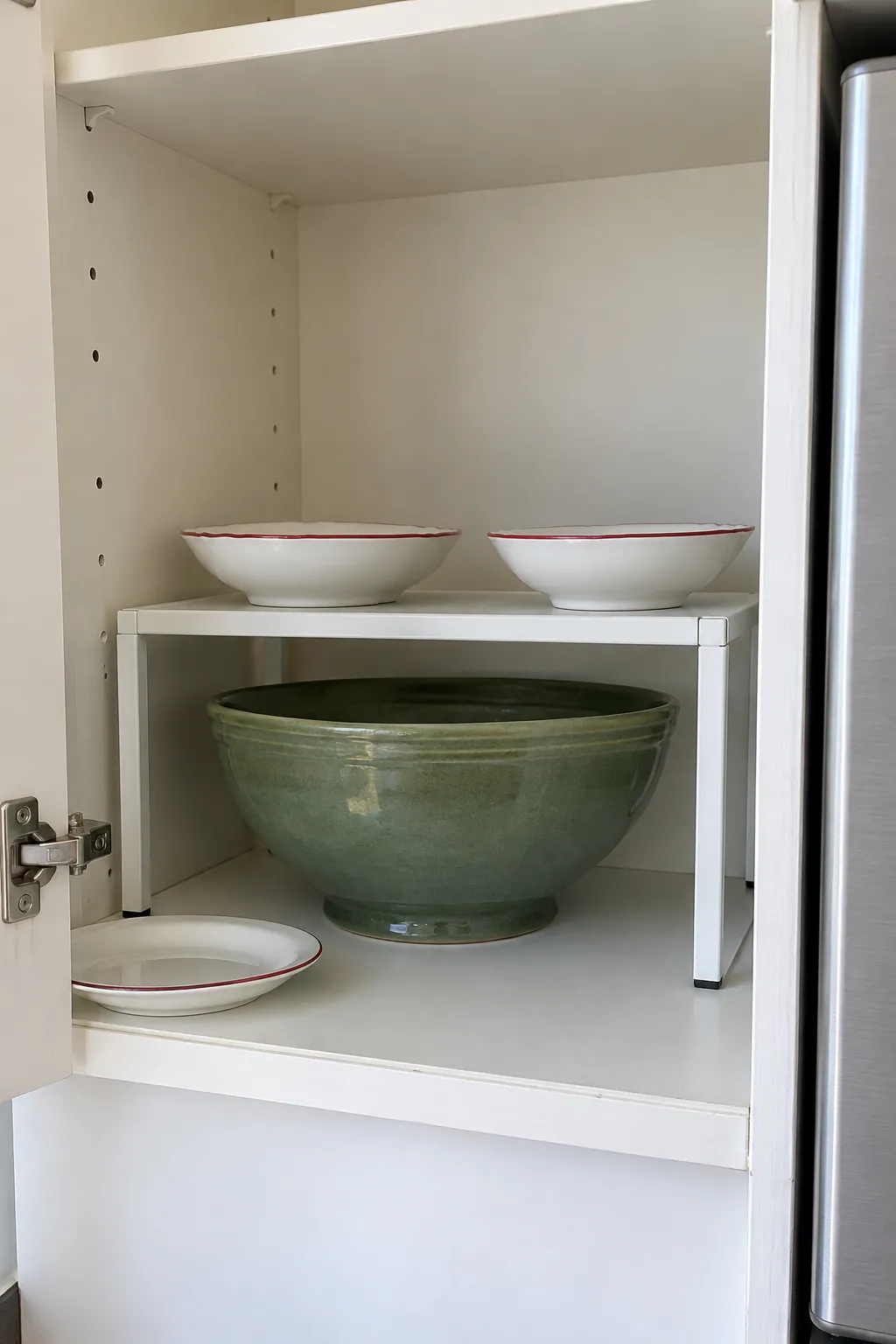 Use a shelf riser for lightweight serving pieces