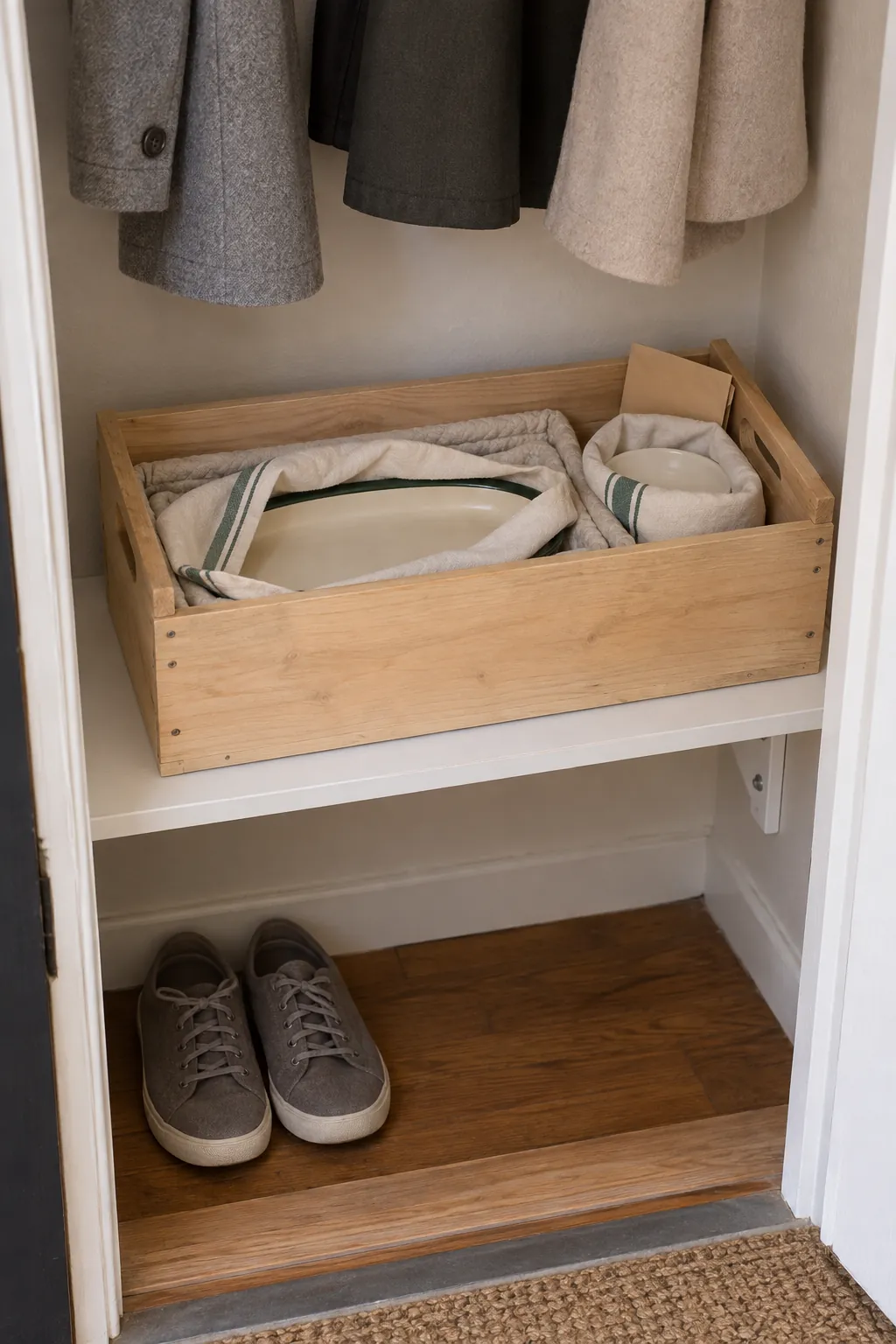 Fit a small dish crate on a closet shelf