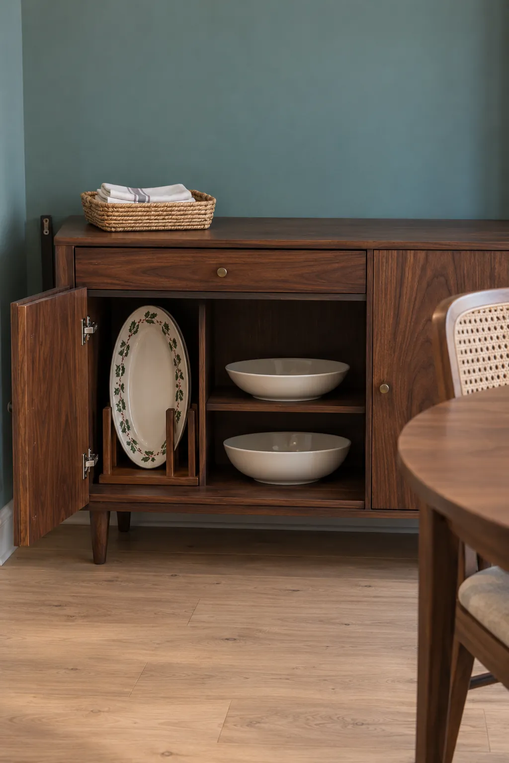 Turn a sideboard shelf into holiday dish storage