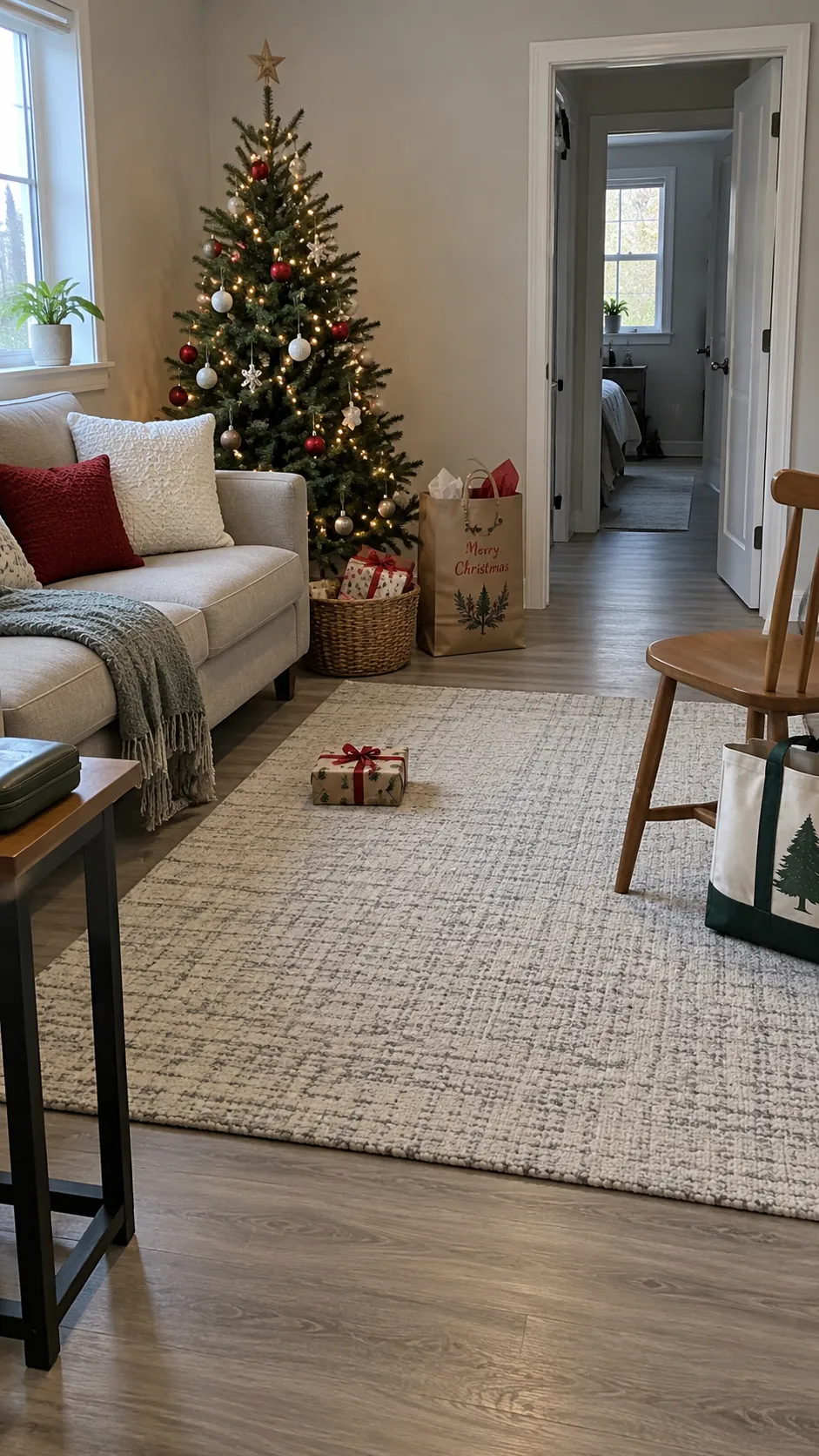 Christmas gift opening area with clear walkway in a small living room