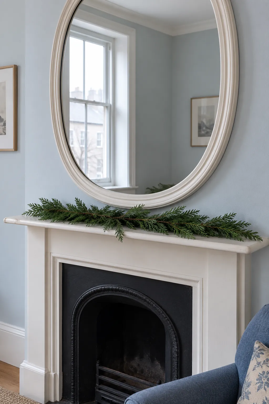 A Slim Greenery Line Christmas mantel arrangement beneath a large mirror