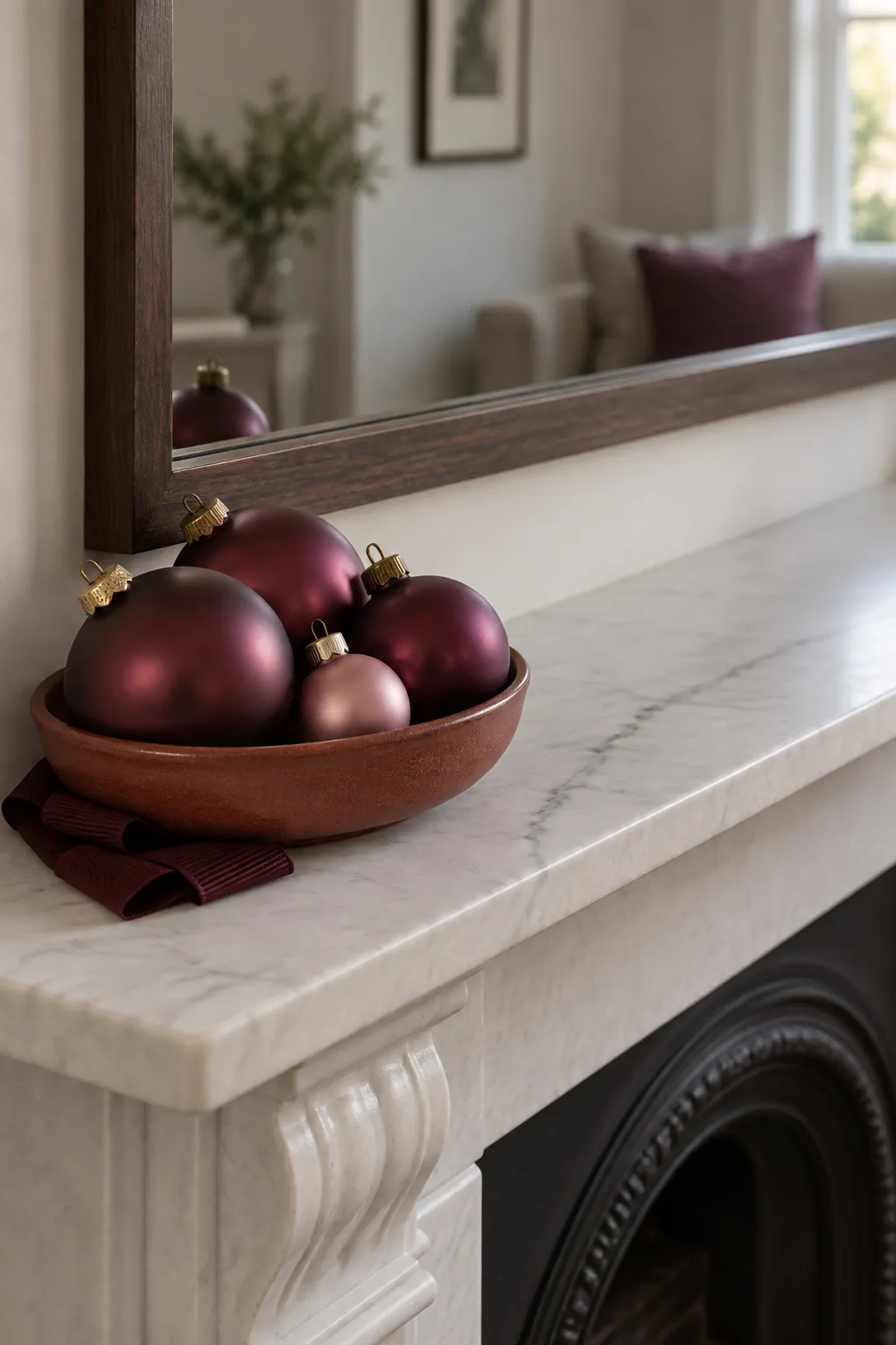 An Off Center Ornament Cluster Christmas mantel arrangement beneath a large mirror