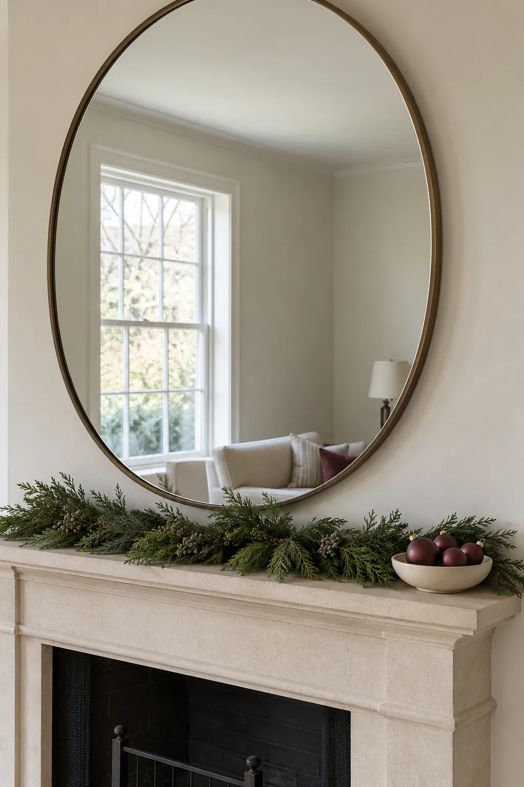 Low Christmas greenery and burgundy ornaments beneath a large oval mantel mirror