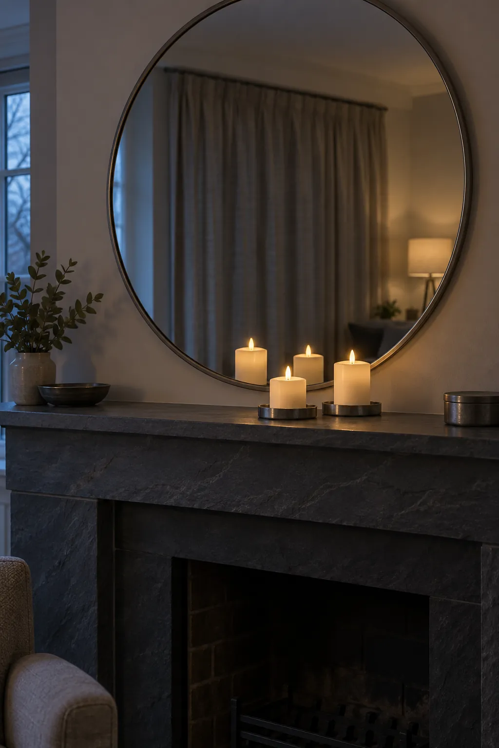 Short Battery Candles Christmas mantel arrangement beneath a large mirror