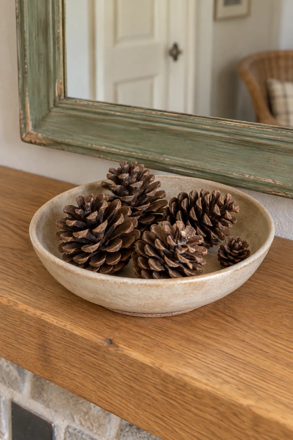 A Shallow Bowl of Pinecones Christmas mantel arrangement beneath a large mirror