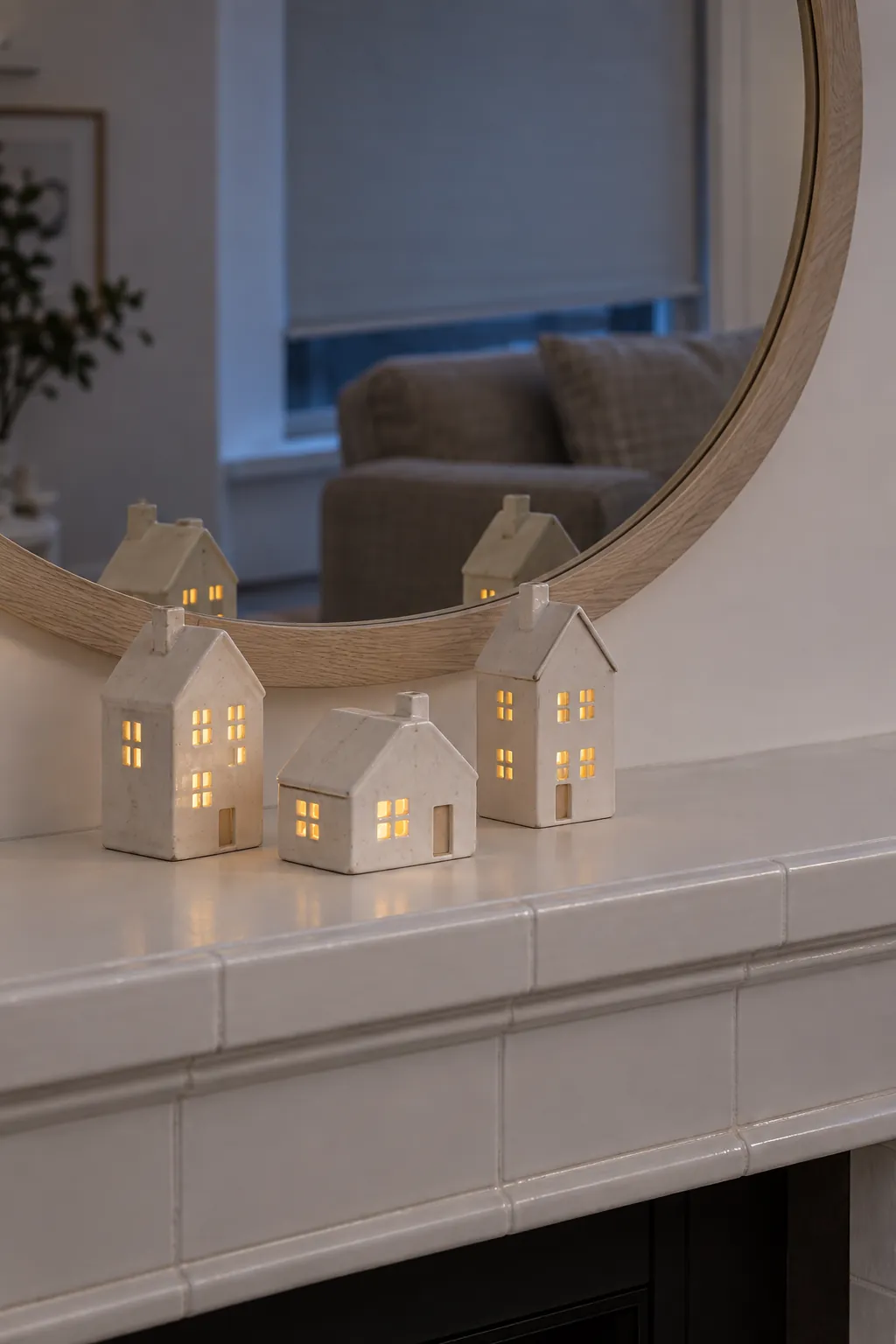 A Single Low Ceramic Village Christmas mantel arrangement beneath a large mirror