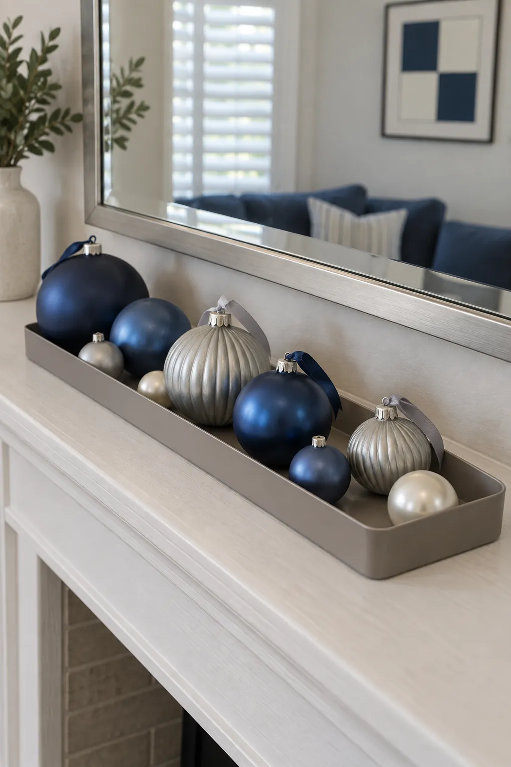 A Narrow Tray of Mixed Ornaments Christmas mantel arrangement beneath a large mirror