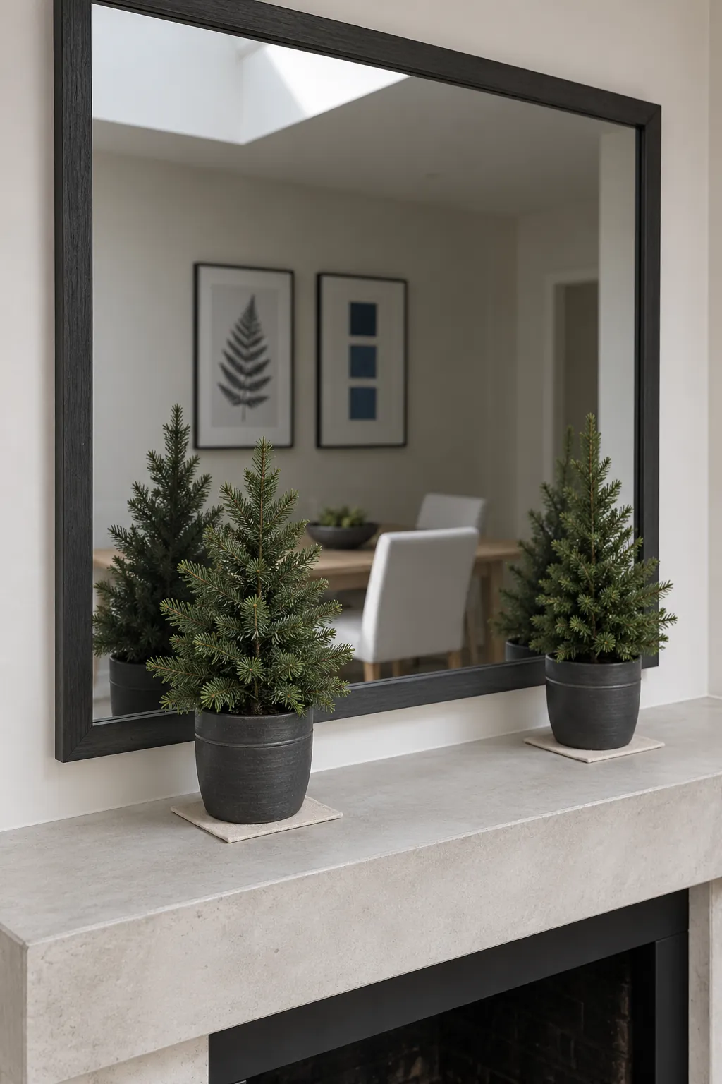 A Pair of Small Potted Evergreens Christmas mantel arrangement beneath a large mirror