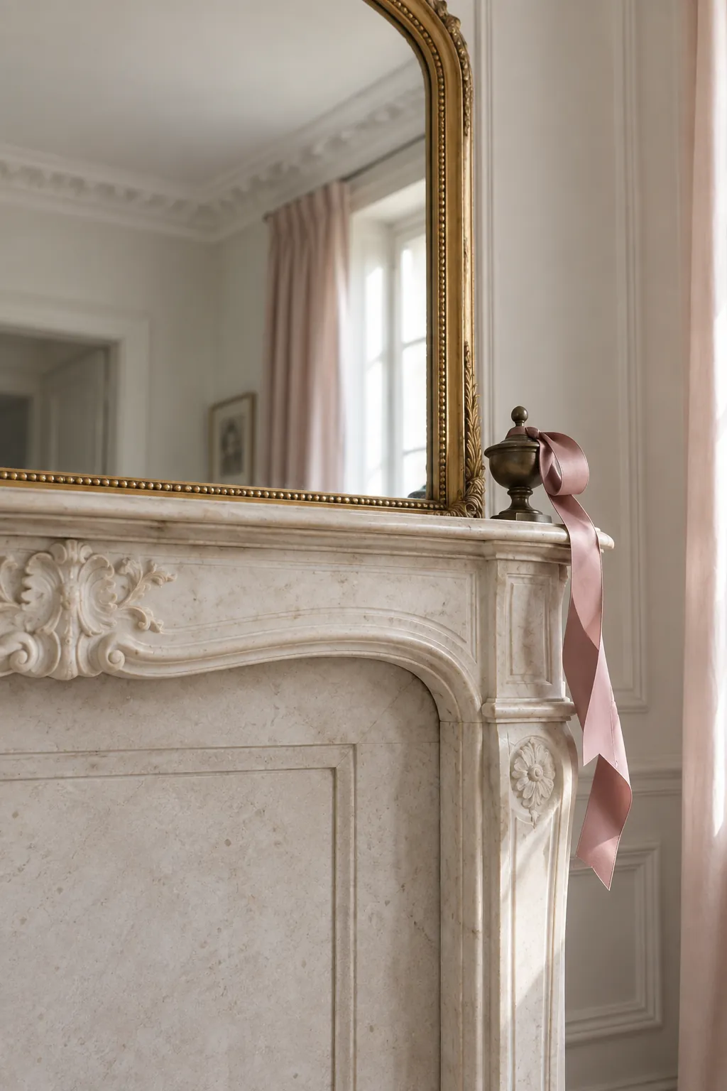 One Side of Cascading Ribbon Christmas mantel arrangement beneath a large mirror