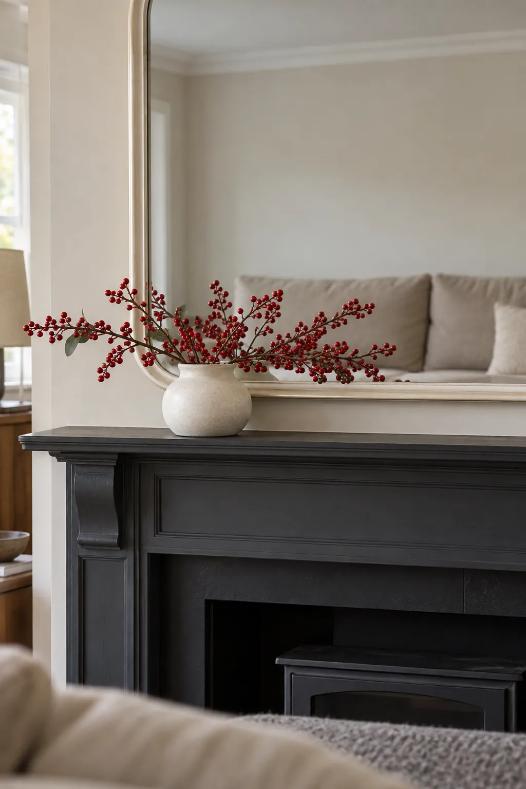 A Sparse Berry Branch Arrangement Christmas mantel arrangement beneath a large mirror