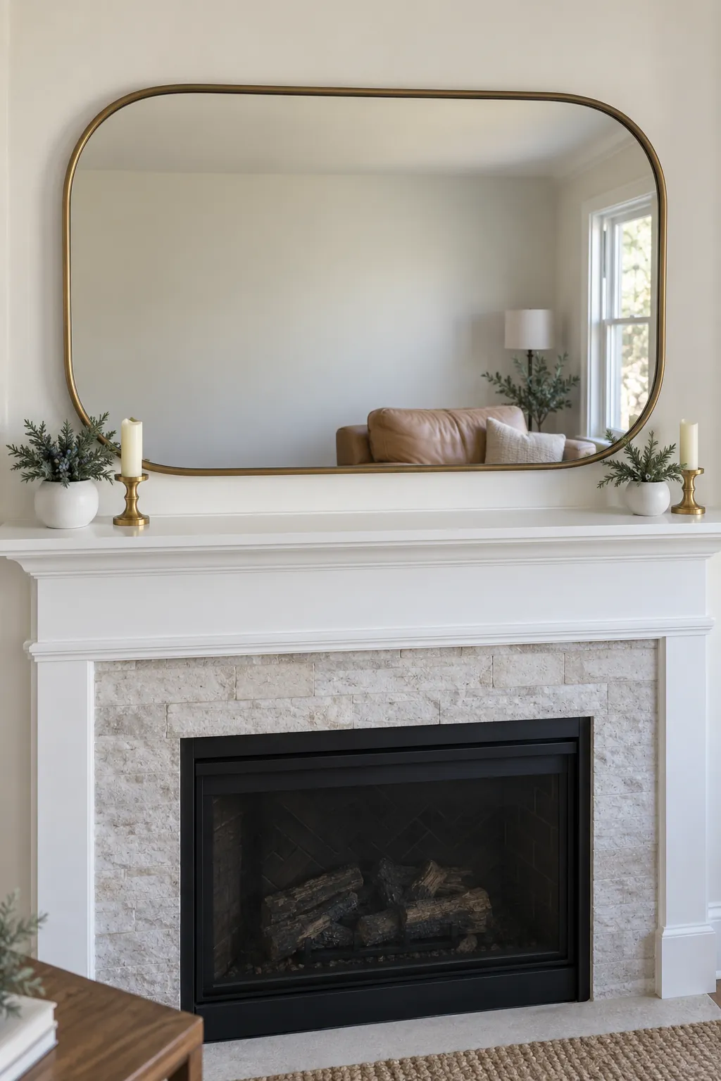 An Uninterrupted Center Gap Christmas mantel arrangement beneath a large mirror