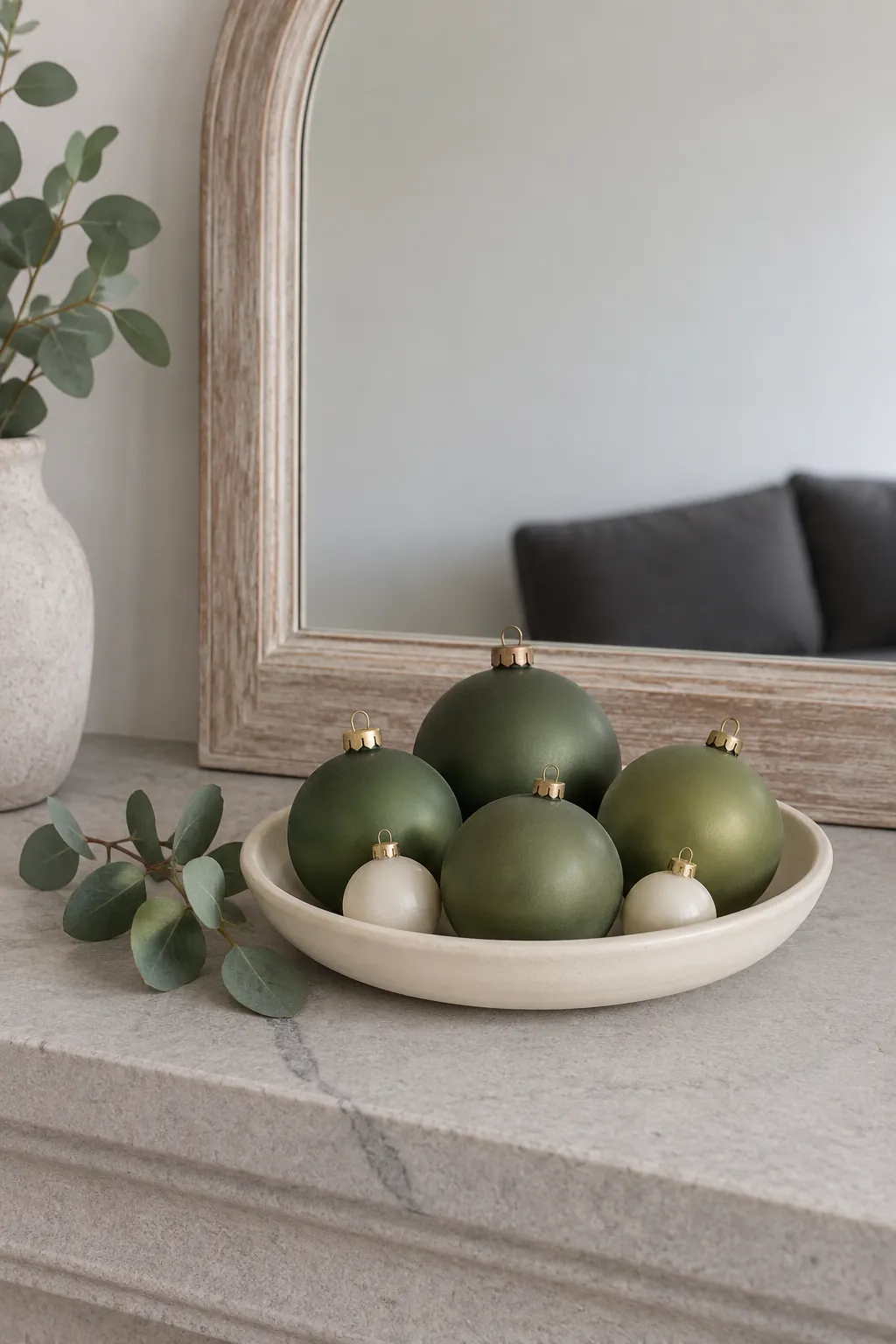 A Moss Colored Ornament Palette Christmas mantel arrangement beneath a large mirror