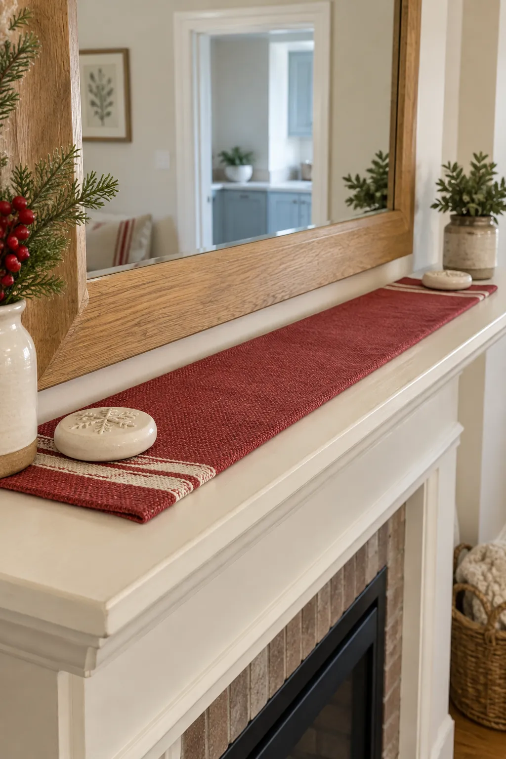 A Soft Fabric Runner Christmas mantel arrangement beneath a large mirror