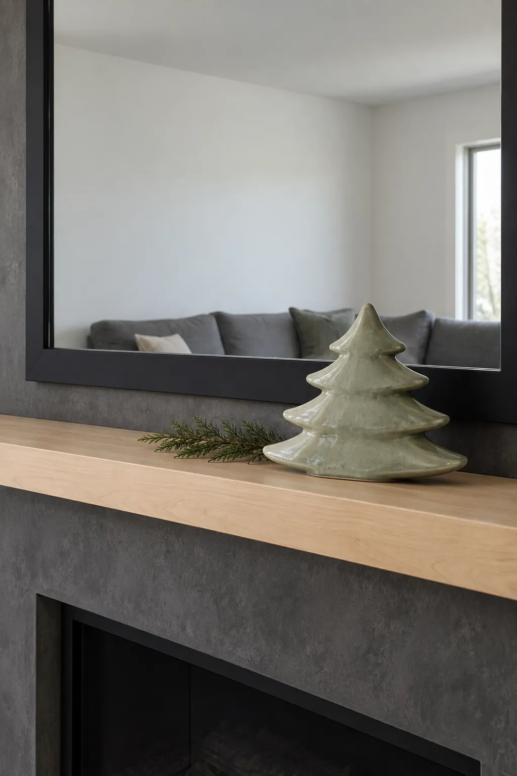 One Larger Accent at a Low Height Christmas mantel arrangement beneath a large mirror