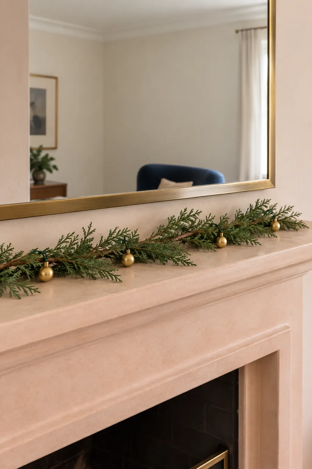 A Minimal Garland With Small Gold Details Christmas mantel arrangement beneath a large mirror