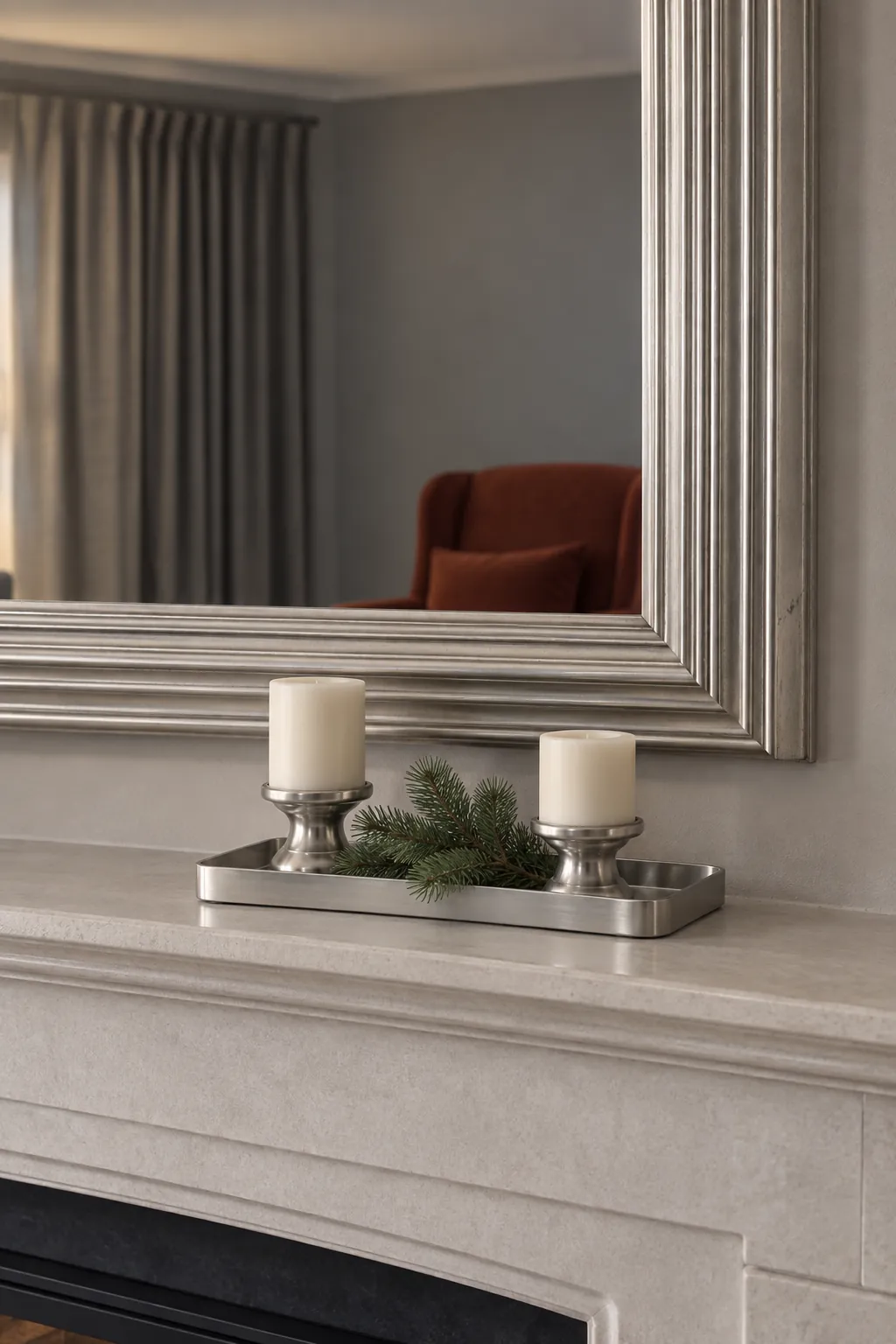 Decorations That Repeat the Mirror Frame Christmas mantel arrangement beneath a large mirror