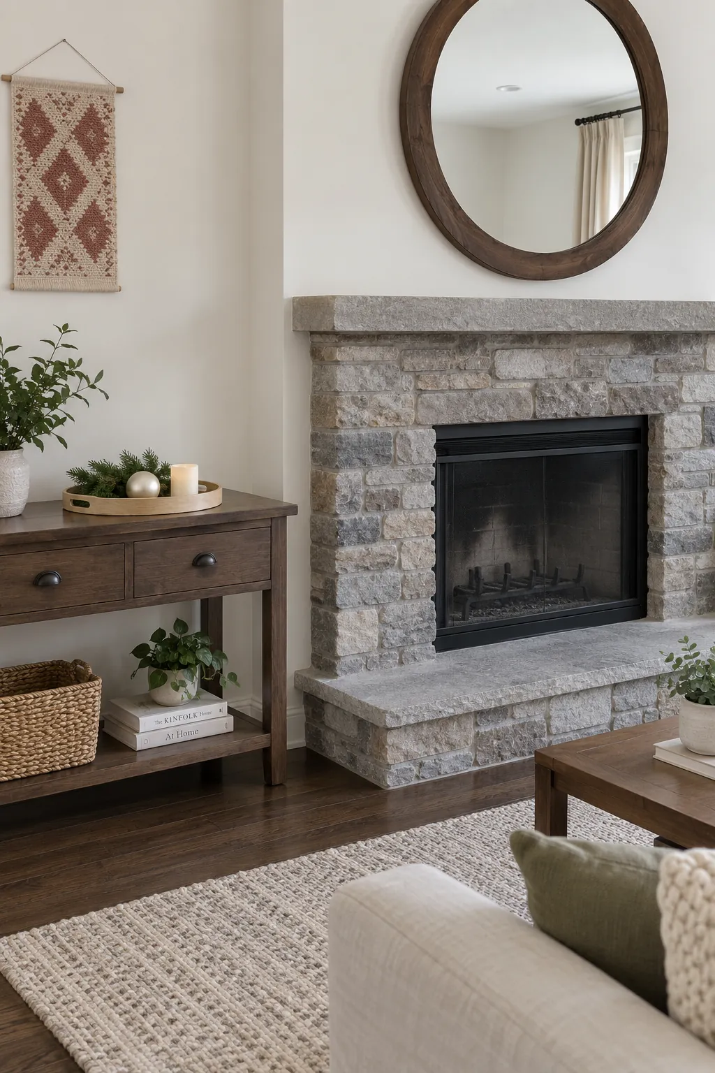 Removable Christmas tray on a nearby console with a clear mantel beneath a large mirror