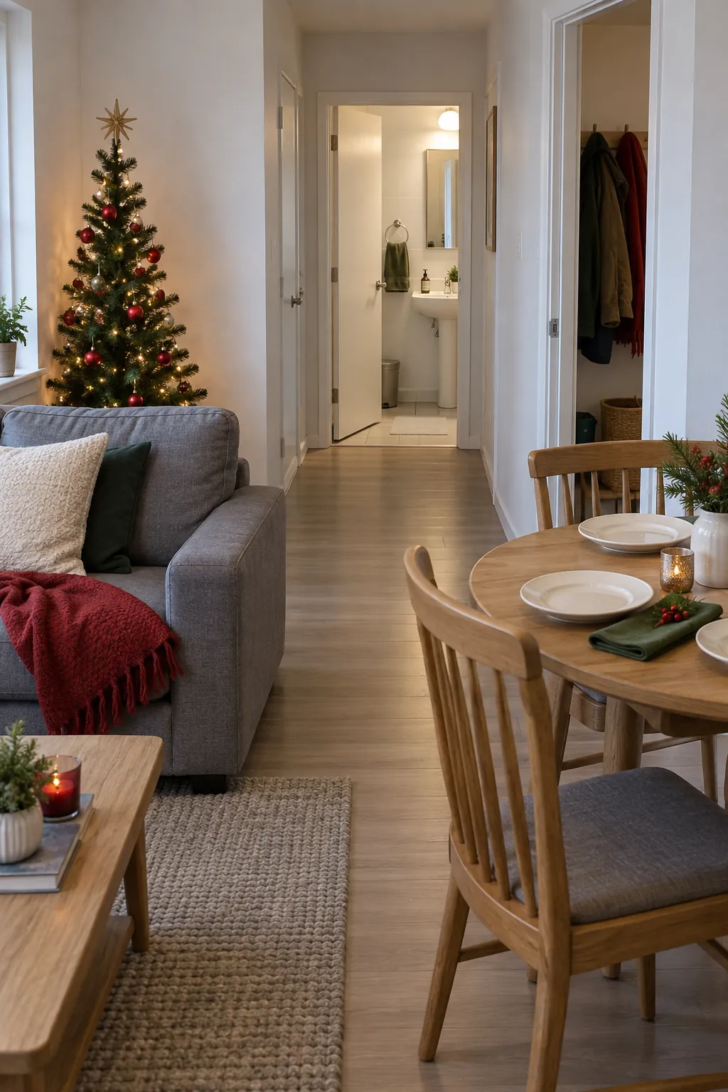 Small apartment Christmas hosting setup with a prepared shared bathroom