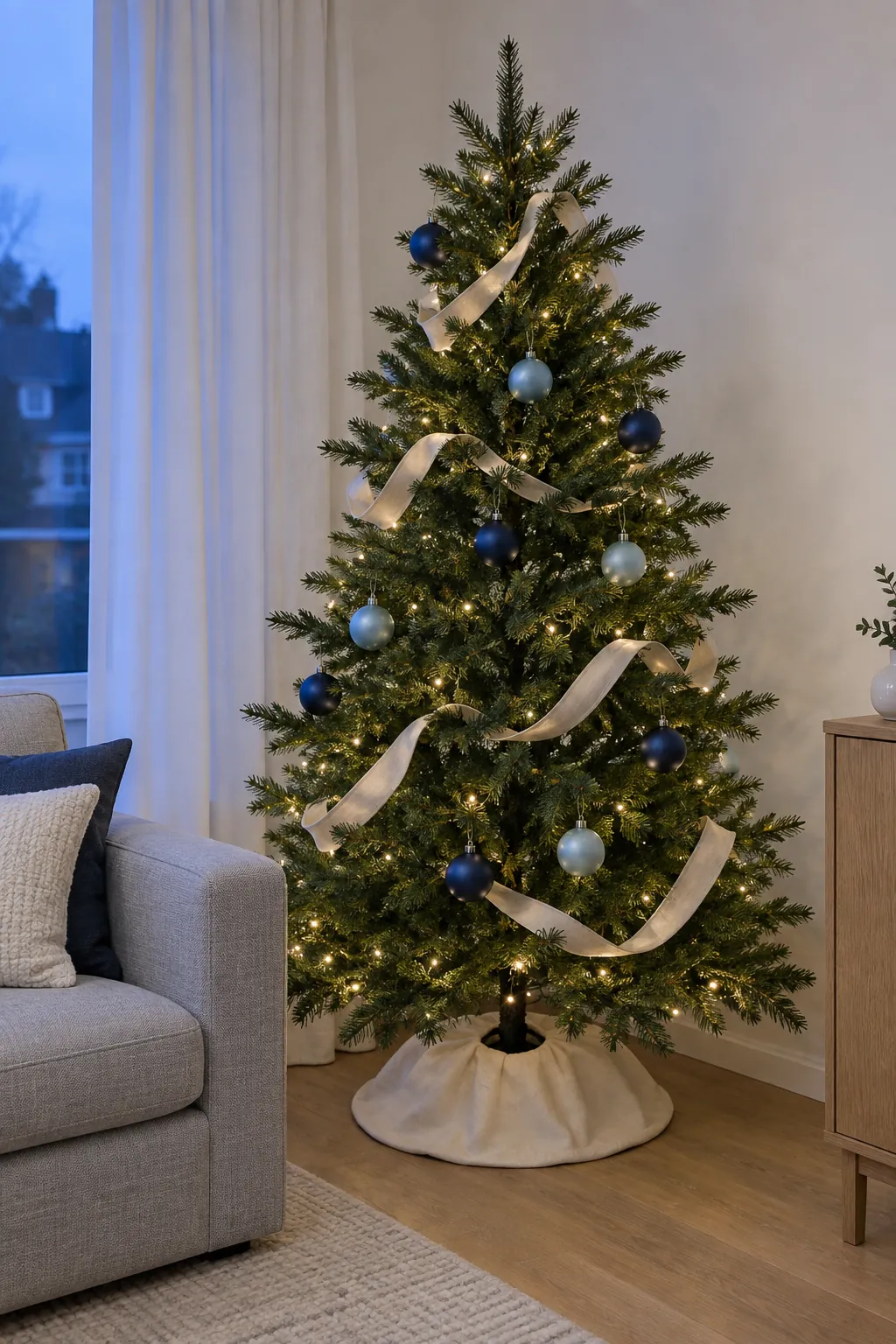 Christmas tree with cream ribbon and blue filler ornaments leaving open branches for keepsakes