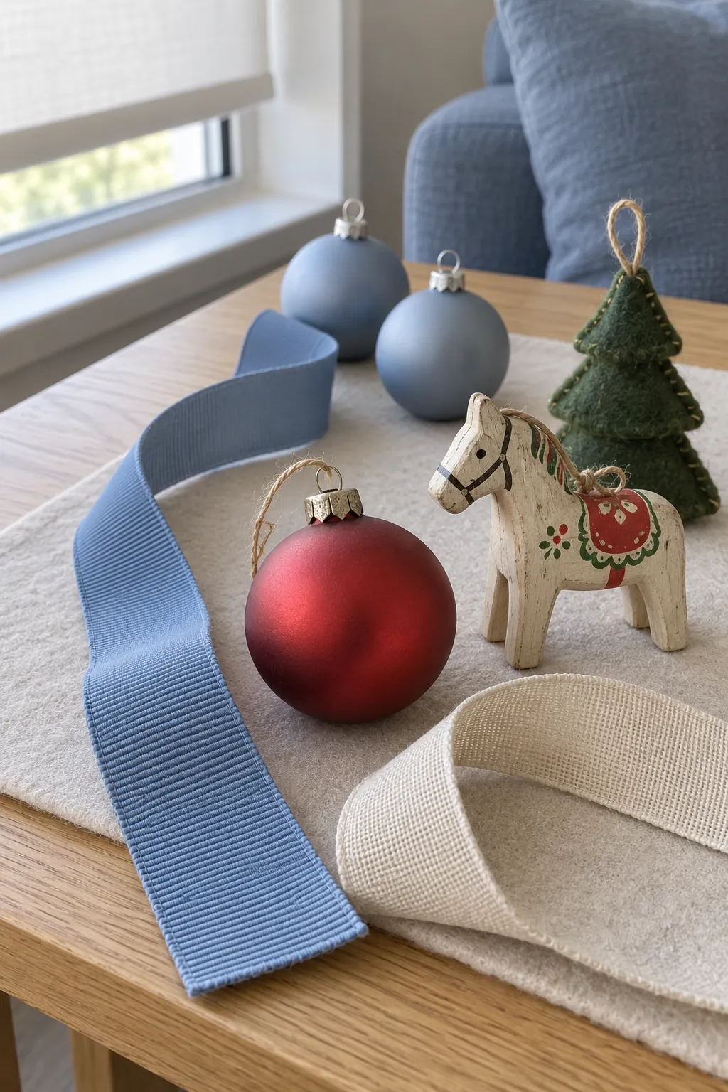Blue and cream ribbon samples beside differently colored sentimental ornaments