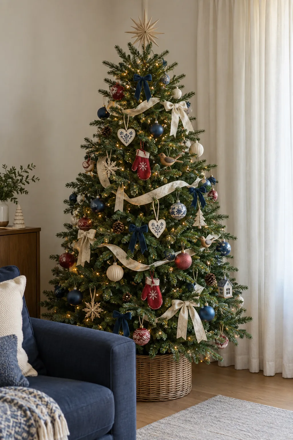 Mixed sentimental ornaments with blue and cream supporting decorations on a family Christmas tree