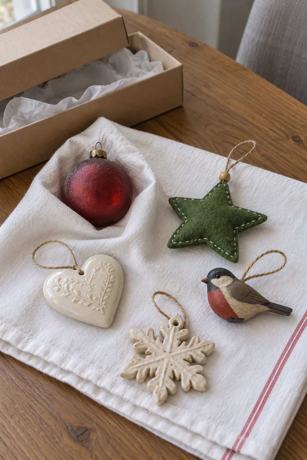 Mixed handmade and vintage Christmas ornaments resting safely on a soft cloth