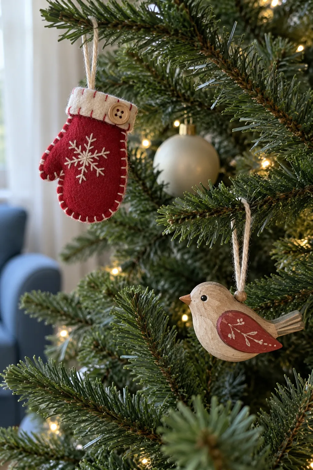 Wooden bird and handmade felt ornament on secure branches beside a quiet cream filler ball