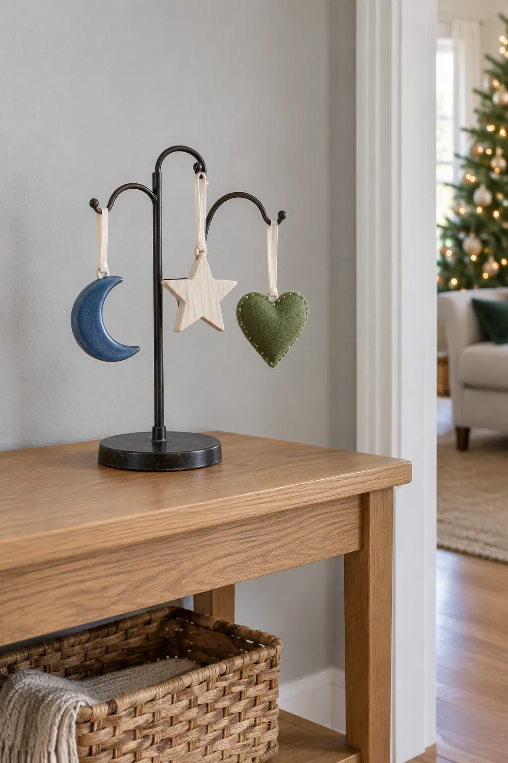 Low ornament stand displaying three different keepsakes on matching cream ribbons