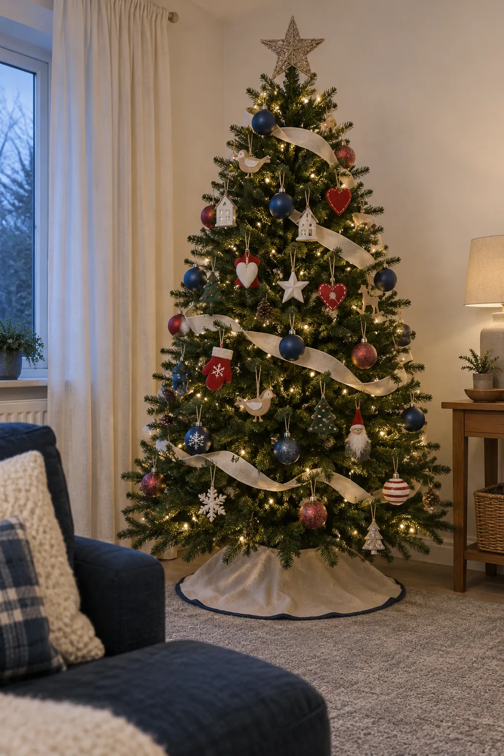 Family Christmas tree combining blue and cream fillers with visible mixed sentimental ornaments
