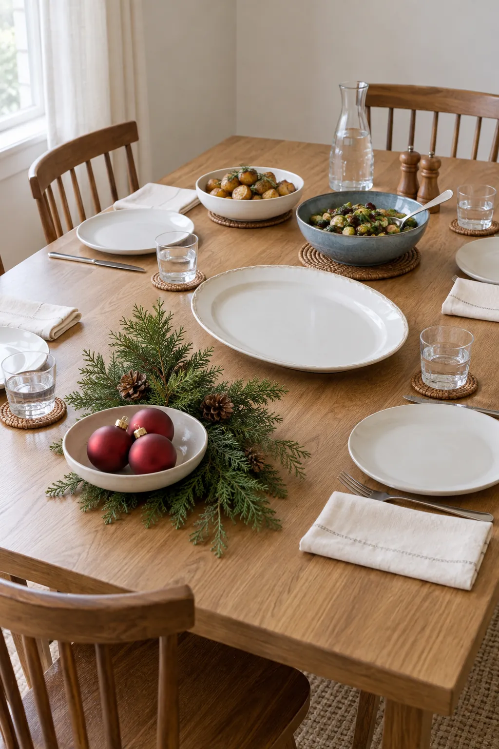 Low Christmas table decoration beside clear platter and bowl serving spaces