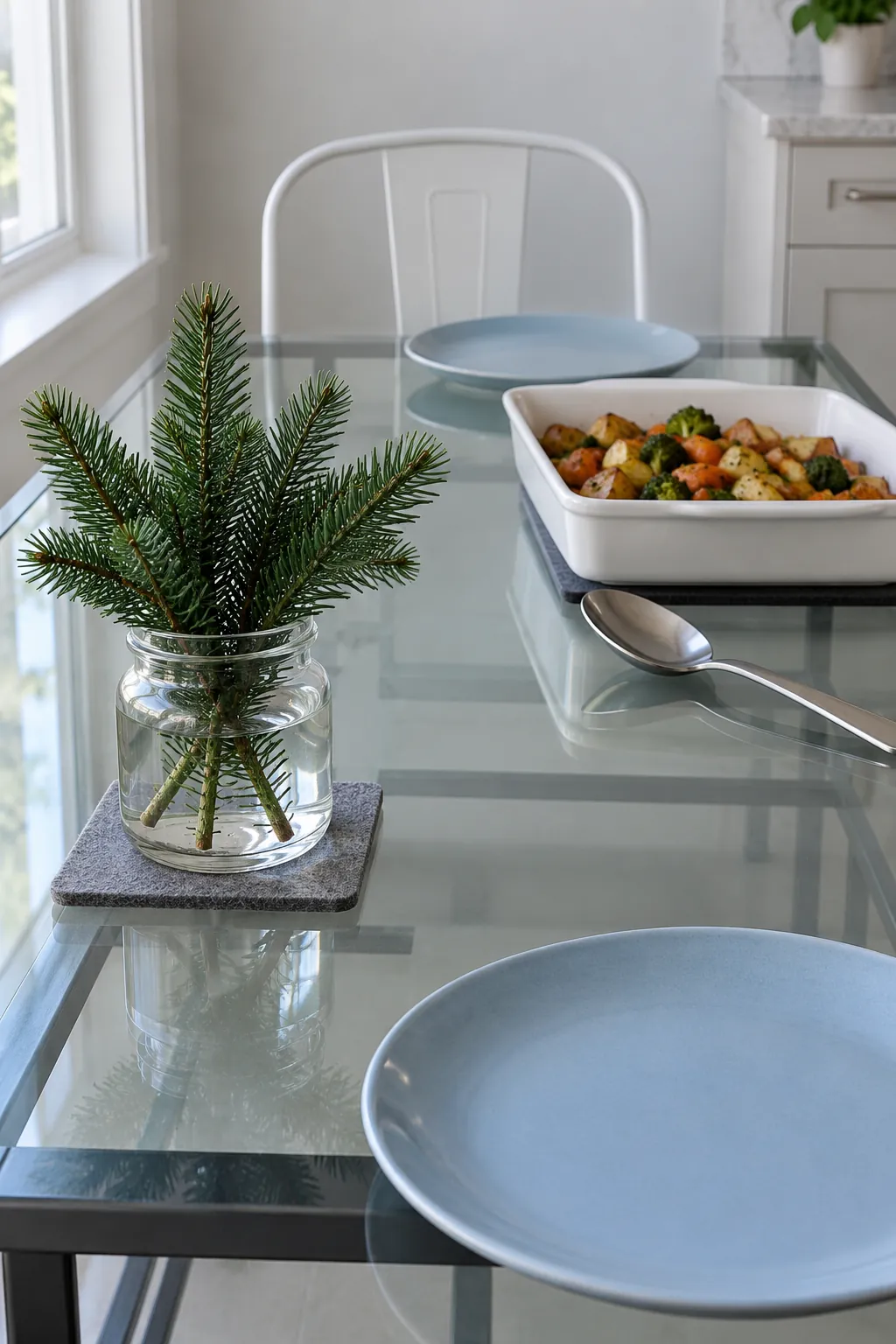 Squat jar of short evergreen stems with clear platter and utensil space