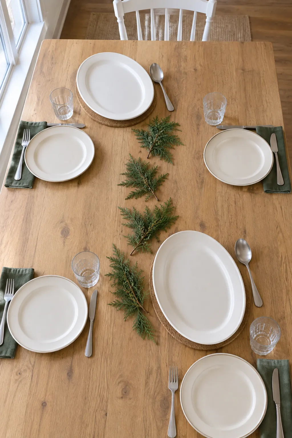 Thin cedar Christmas centerpiece between white serving platters