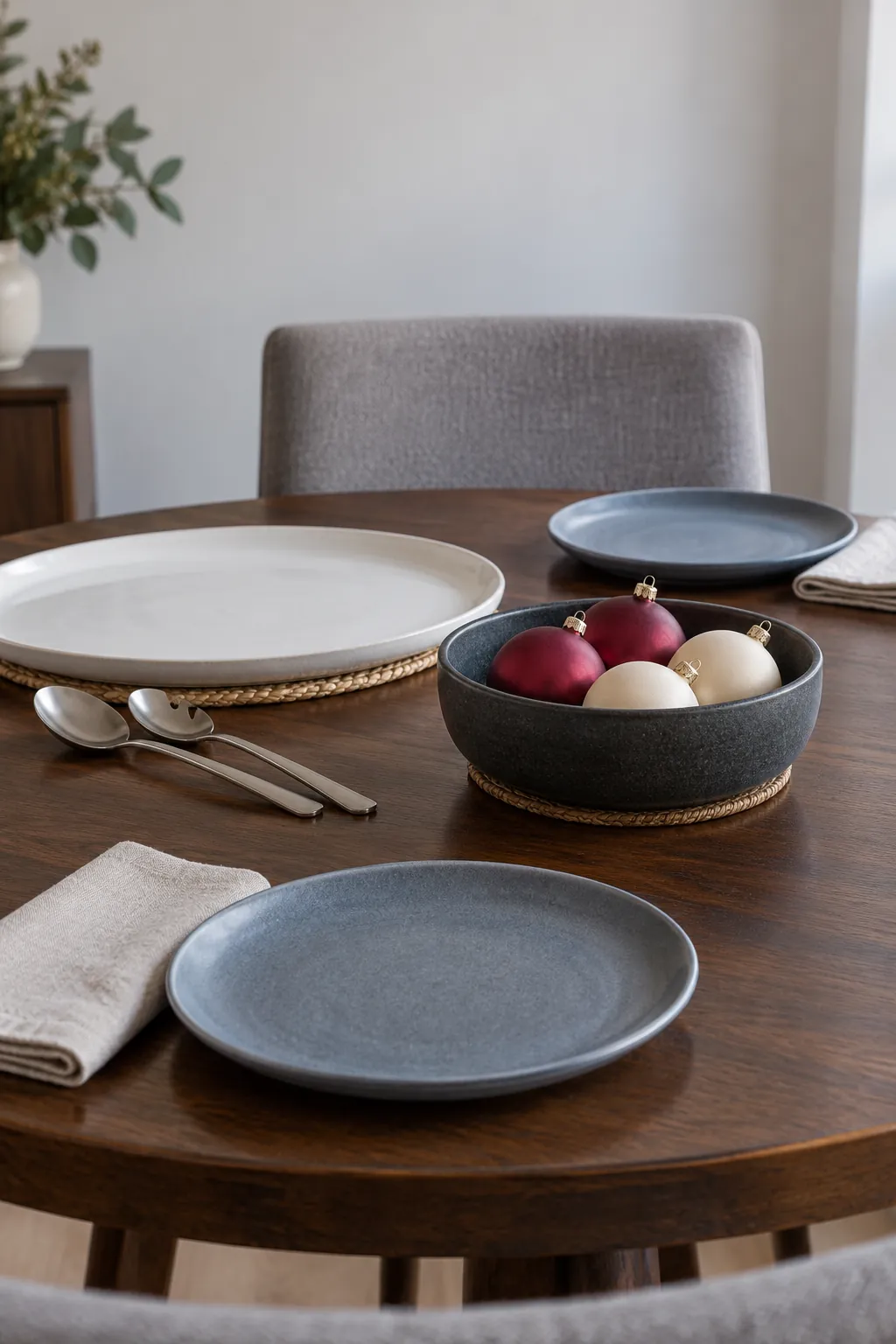 Low bowl of matte Christmas ornaments beside a serving platter on a round table