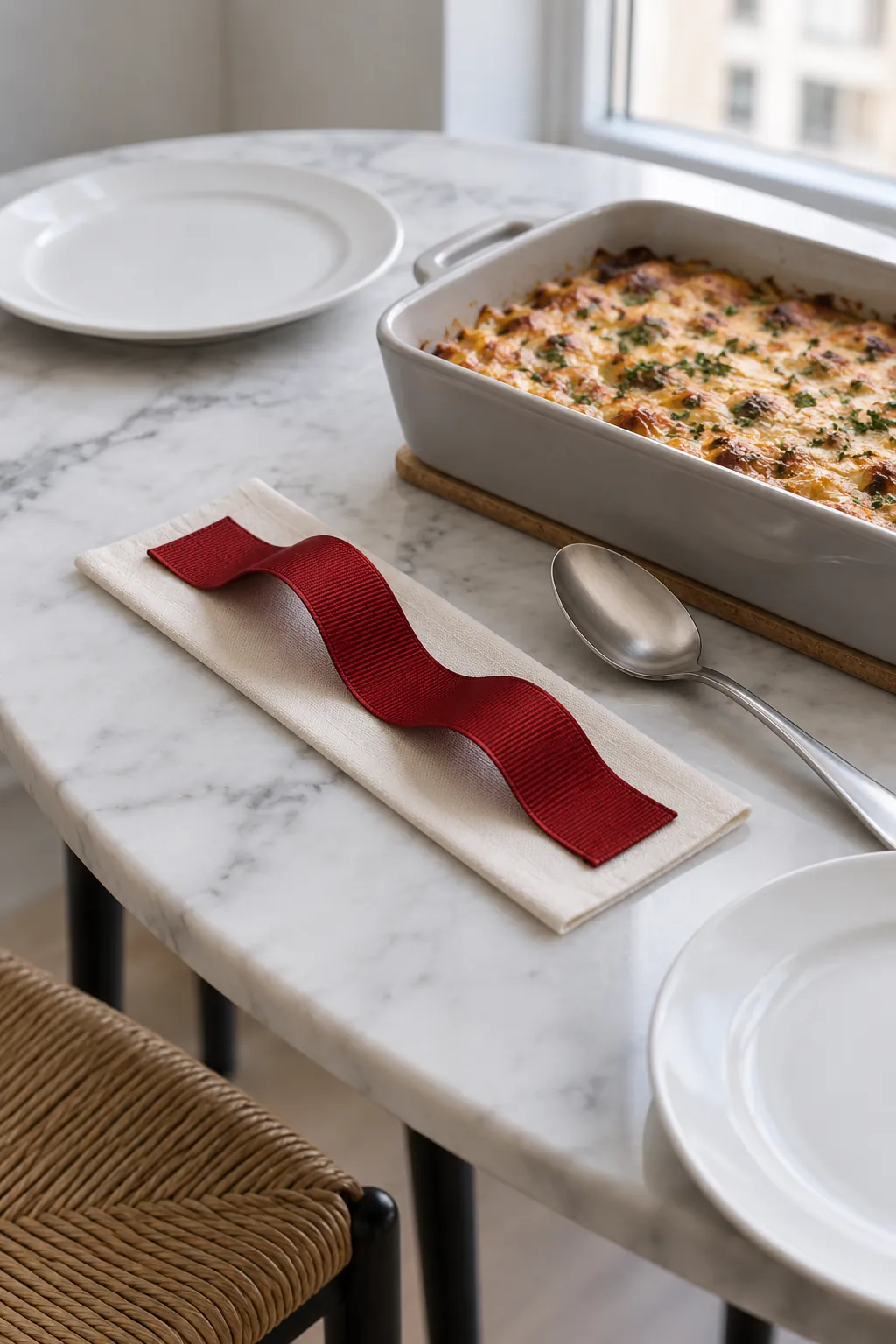 Short red ribbon accent lying flat beside a holiday serving dish
