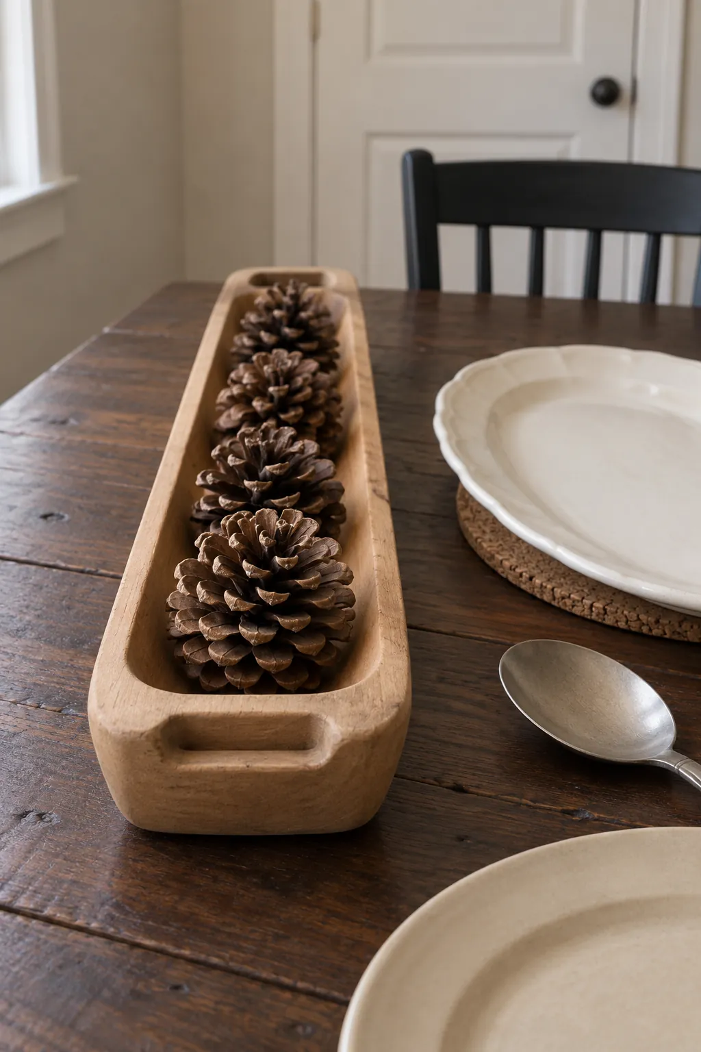 Narrow wooden trough of pinecones leaving a clear platter landing space