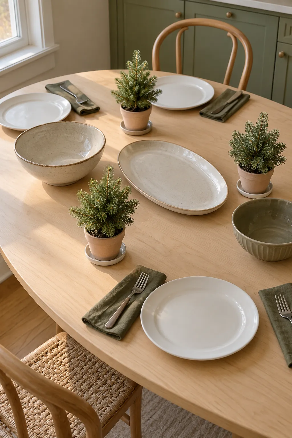 Three tiny evergreen pots arranged in separate gaps among holiday serving dishes