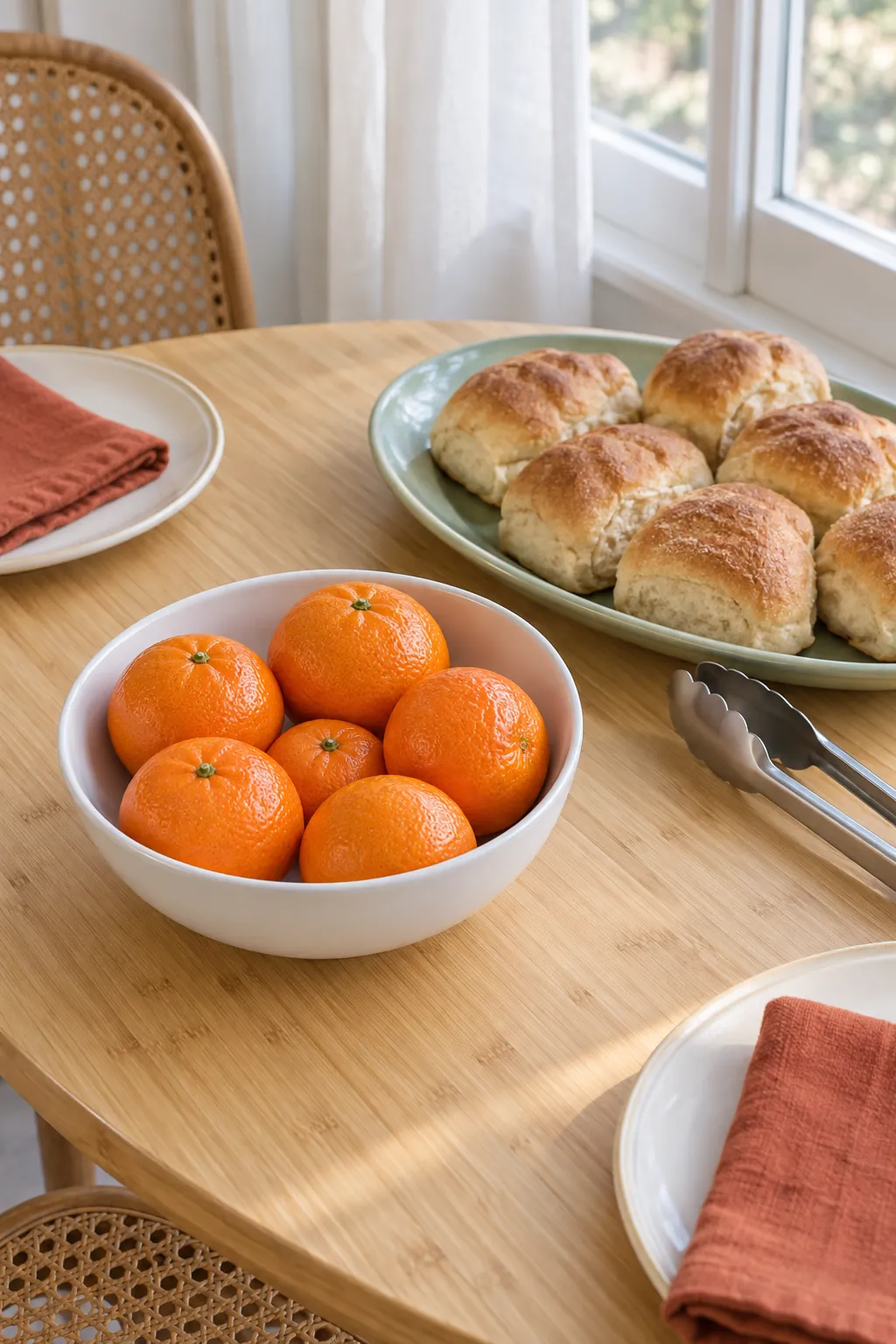 Low bowl of clean clementines beside Christmas dinner serving dishes