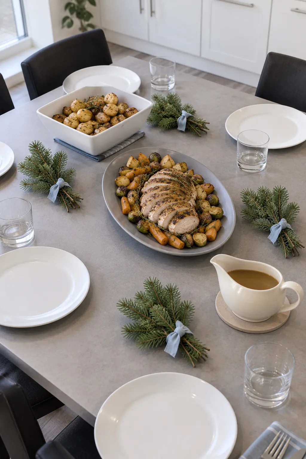 Separate small greenery bundles fitted into gaps between Christmas serving dishes