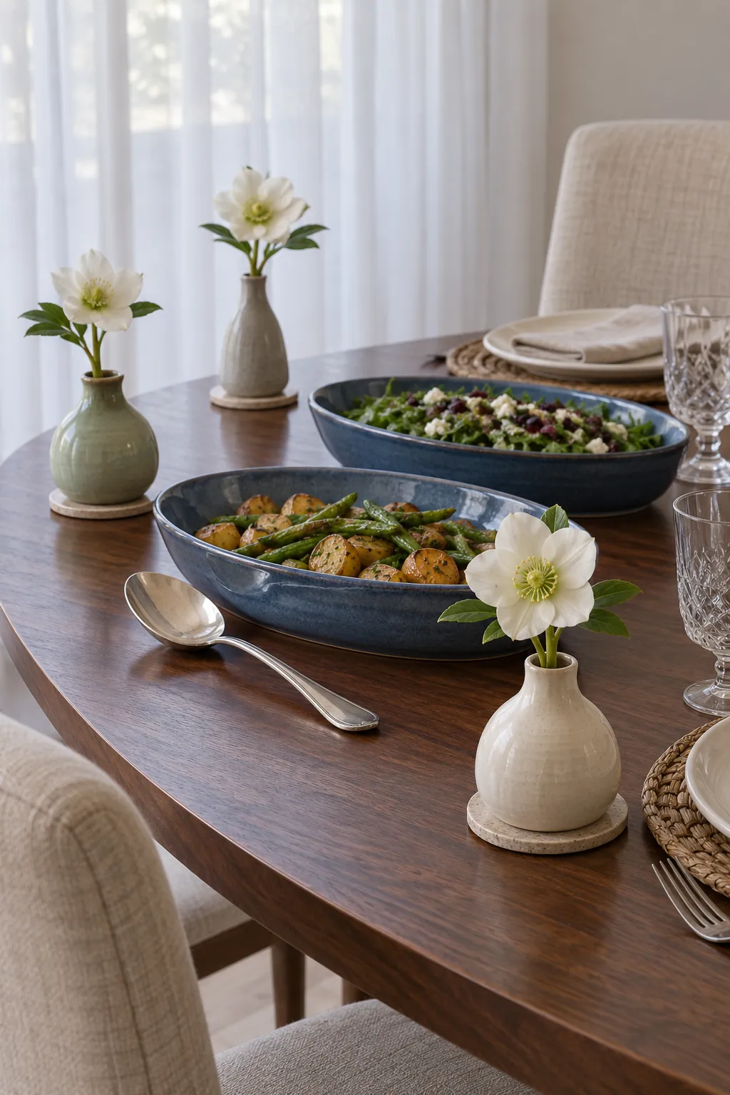 Three low bud vases with short white flowers spaced around Christmas dinner platters