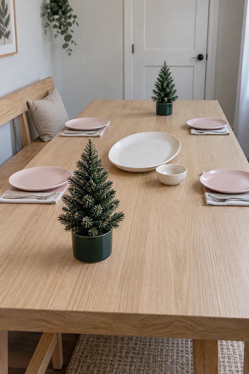Small faux trees at free table ends with the center open for dinner platters