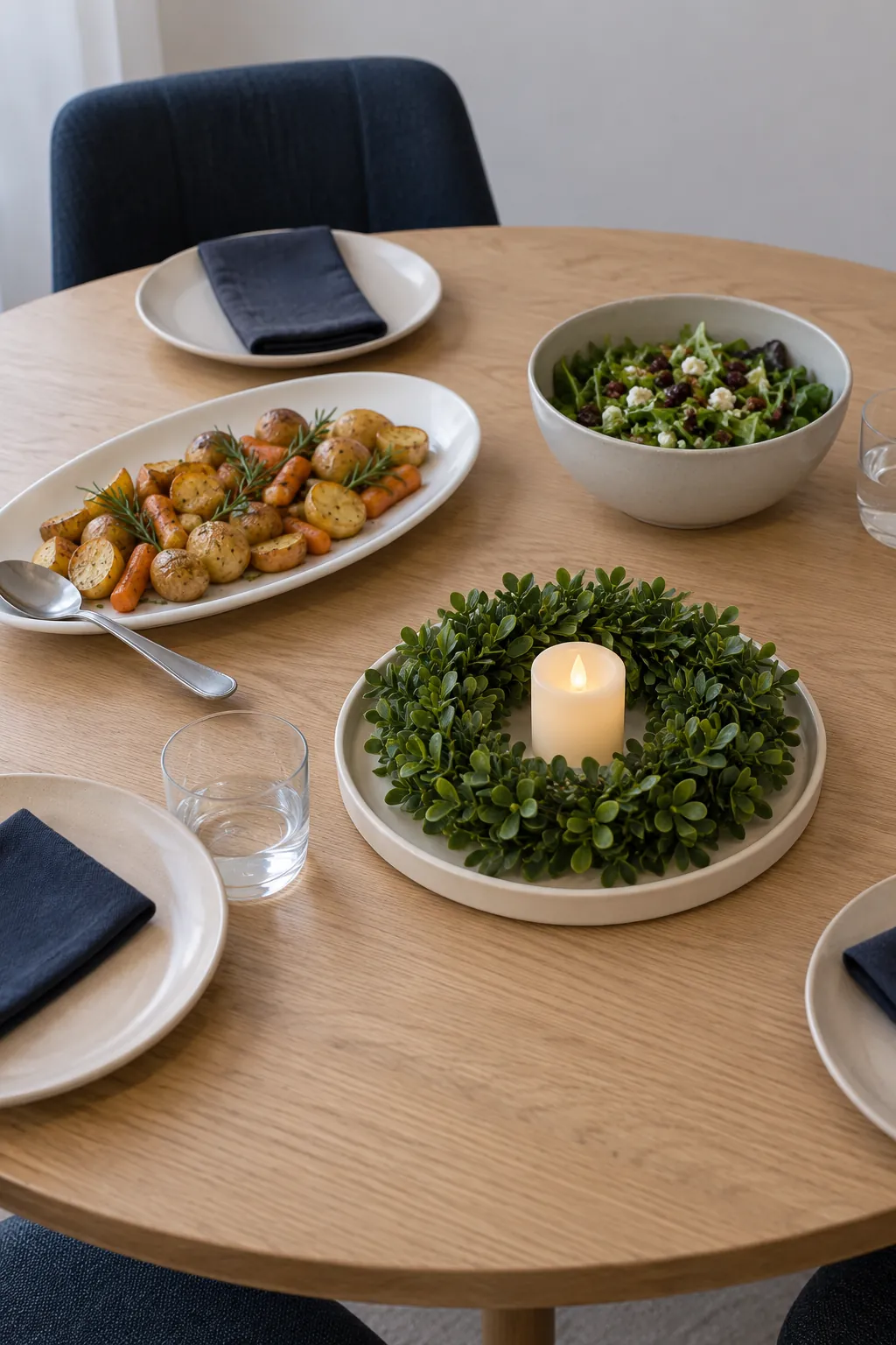 Small low wreath and battery candle in a contained table gap beside a platter