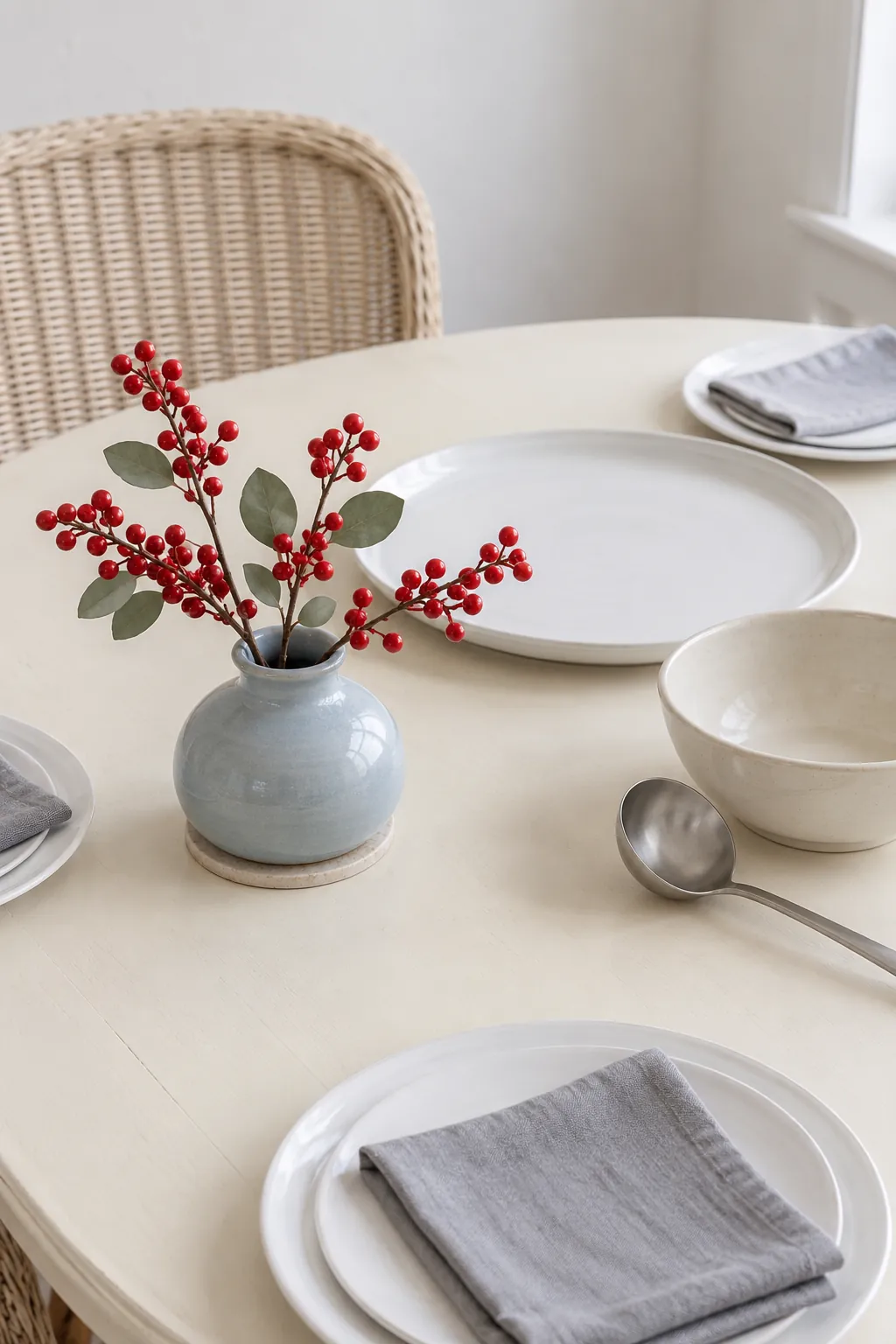 Squat vase of securely attached red faux berries with clear serving space
