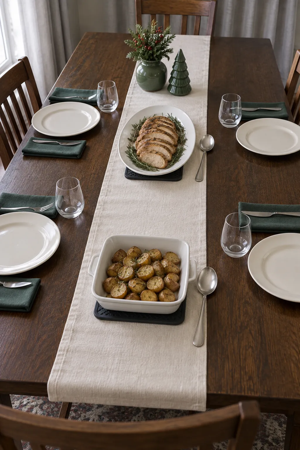 Narrow table runner with deliberate empty spaces for serving dishes and trivets