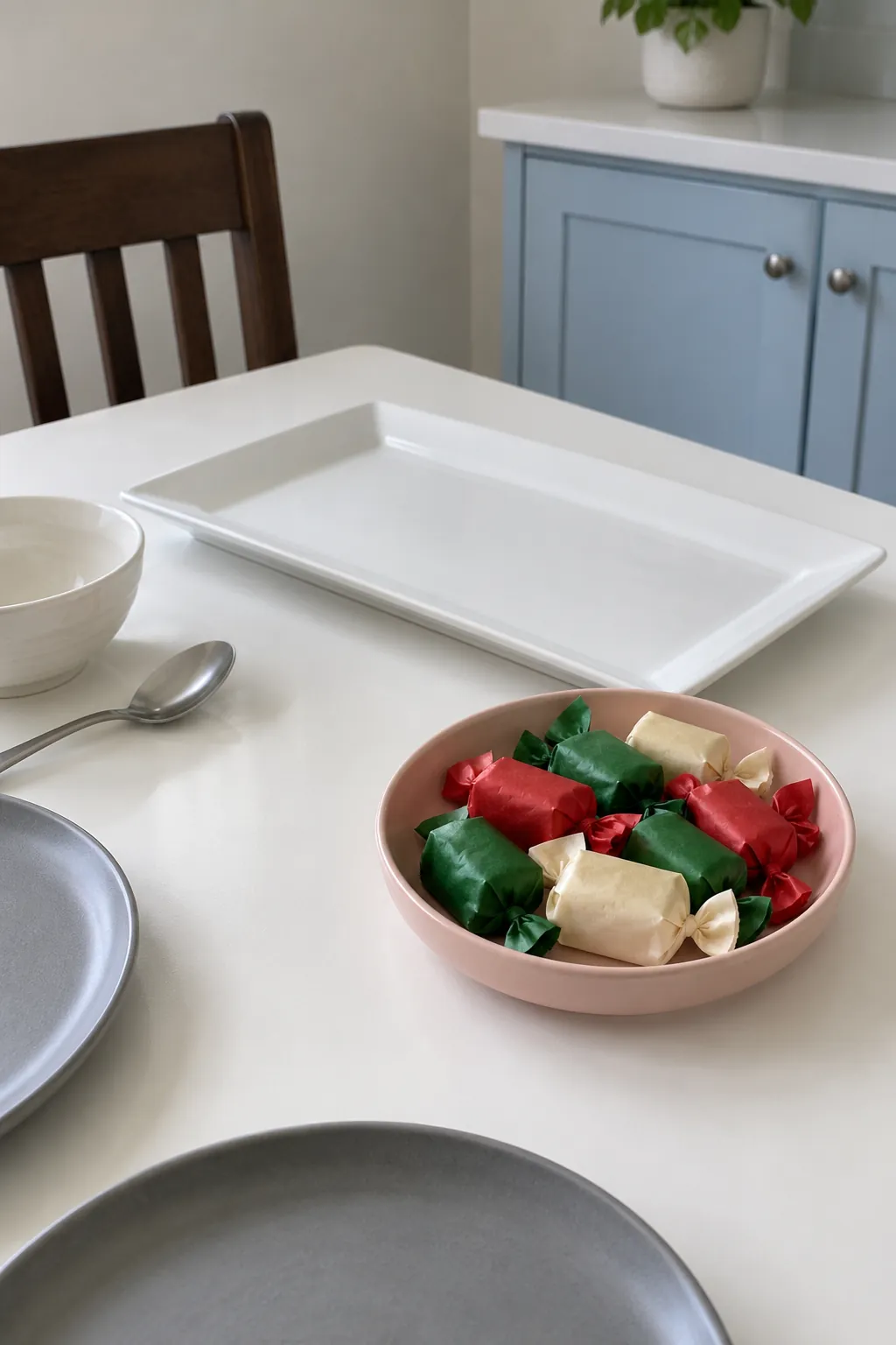 Small dish of wrapped sweets separate from dinner platters on a Christmas table