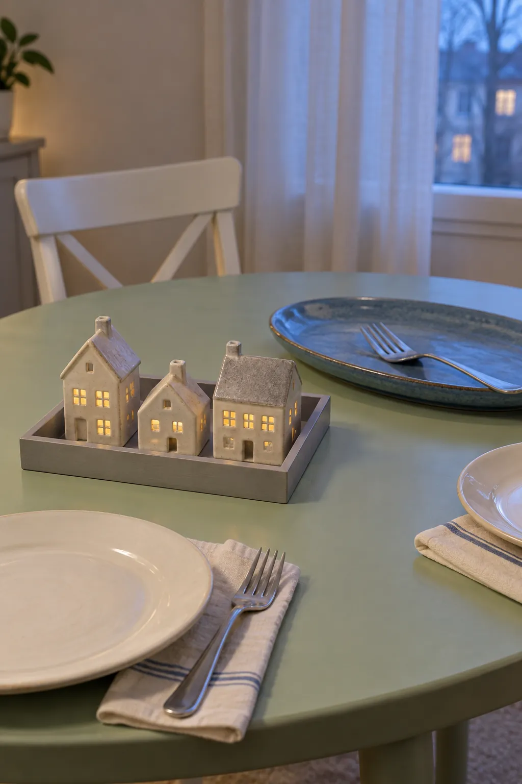 Low ceramic Christmas houses contained in a small tray beside a dinner platter