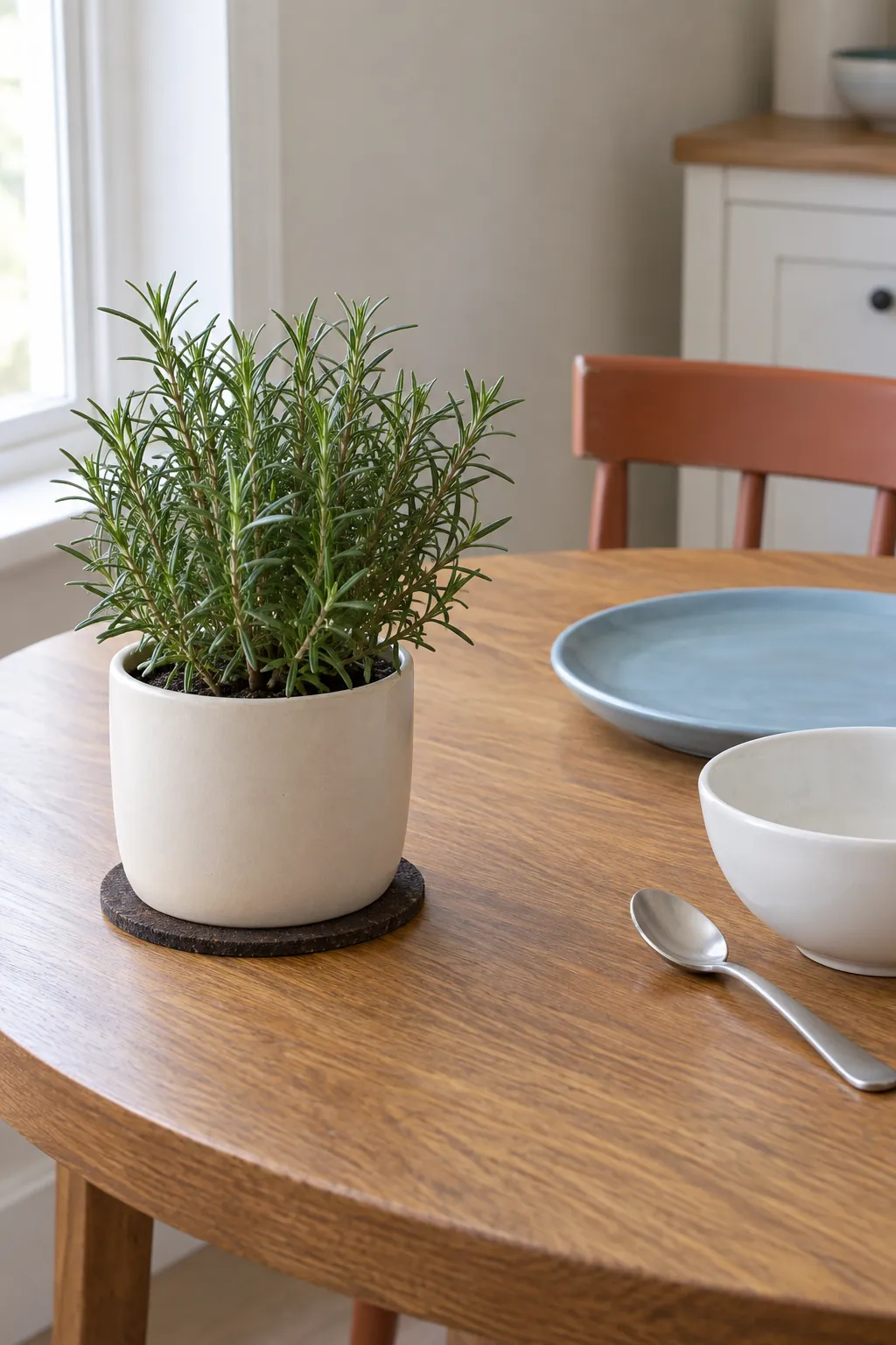 Small rosemary plant in a leakproof pot with room for Christmas serving platters