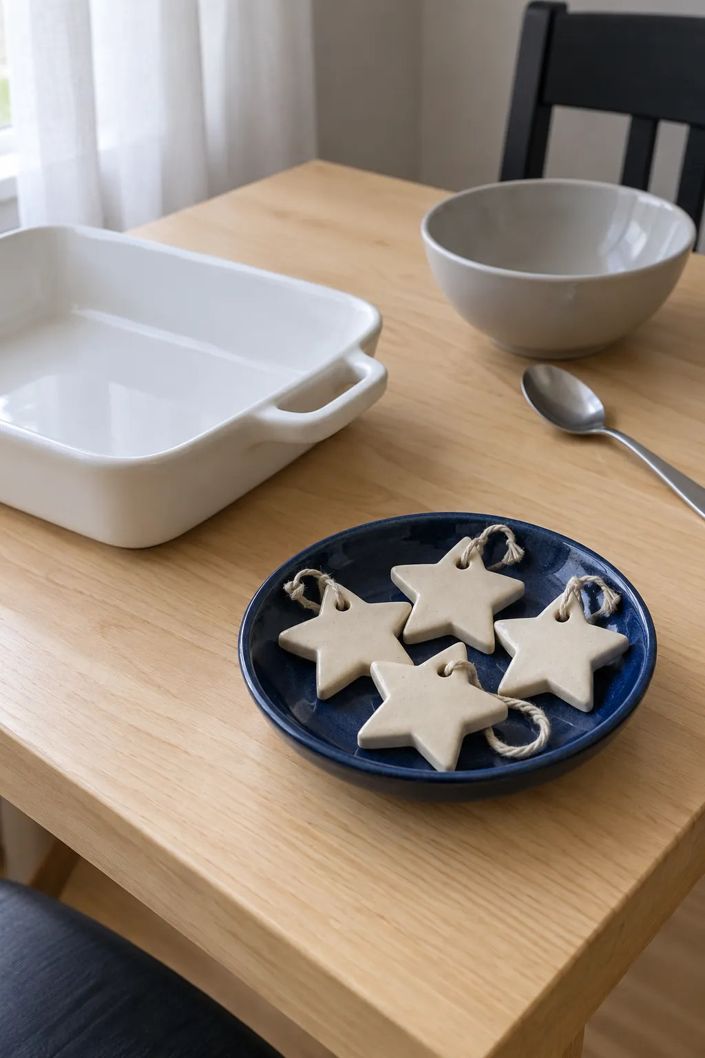 Finished salt dough star decorations contained in a shallow saucer apart from food