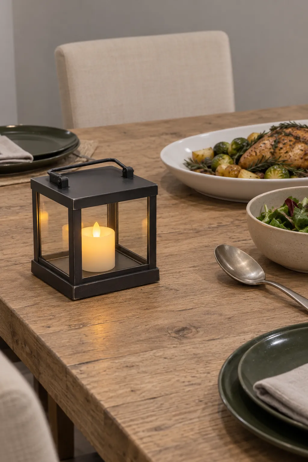 Squat lantern with a battery candle beside a clear Christmas serving zone