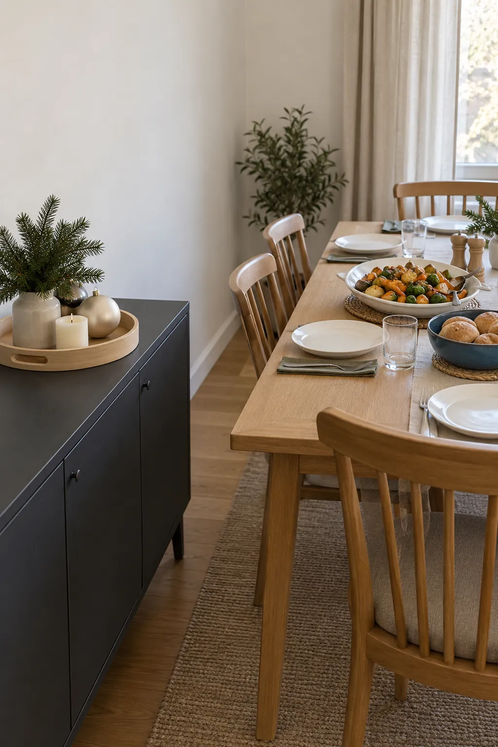 Compact Christmas decoration tray relocated to a sideboard while platters occupy the dining table